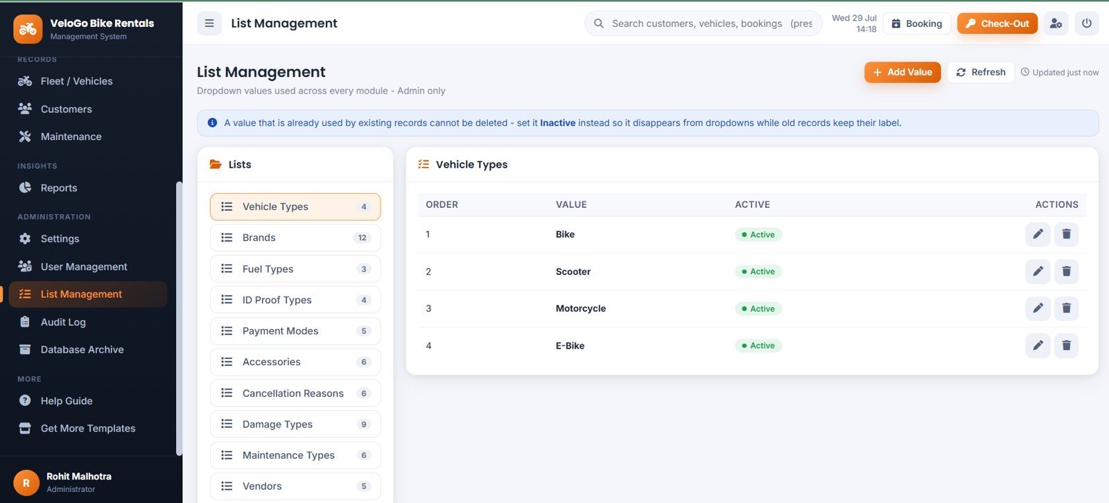 List management for rental dropdown values