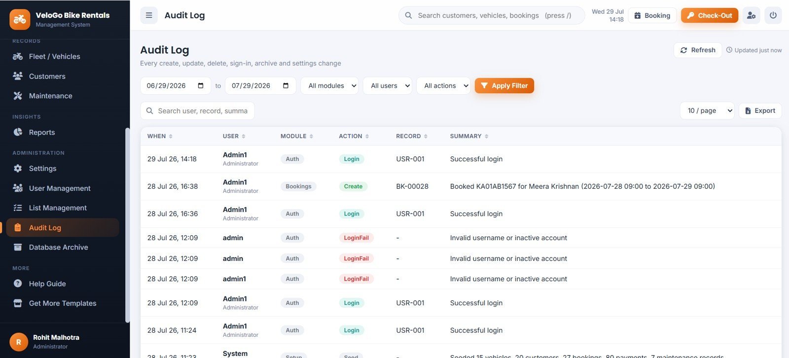 Bike and Two-Wheeler Rental Management System Web App - Audit Log