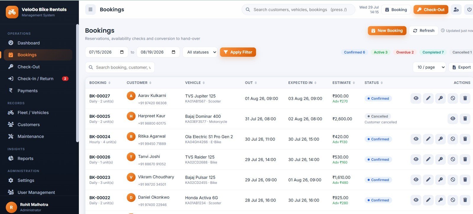 Bike and Two-Wheeler Rental Management System Web App - Bookings