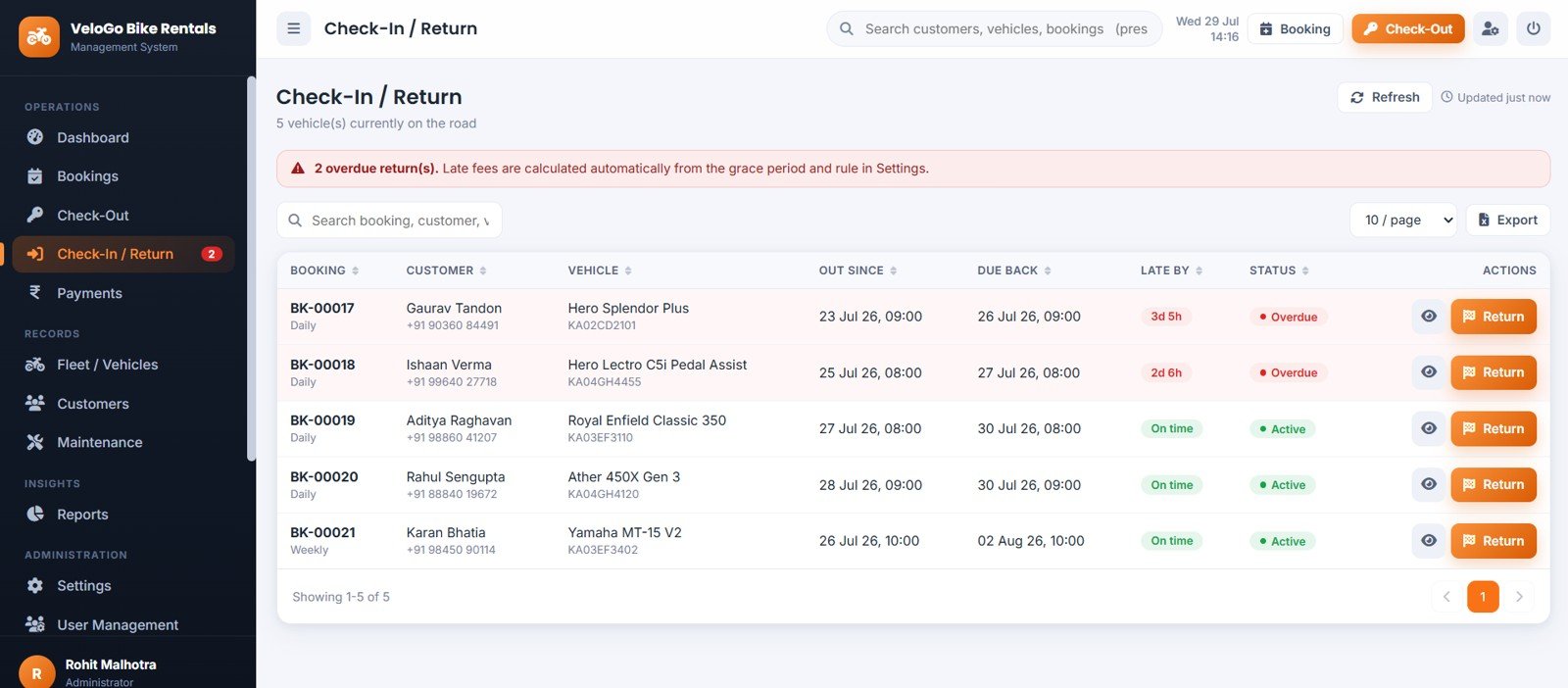 Bike rental check-in and return with automatic final bill