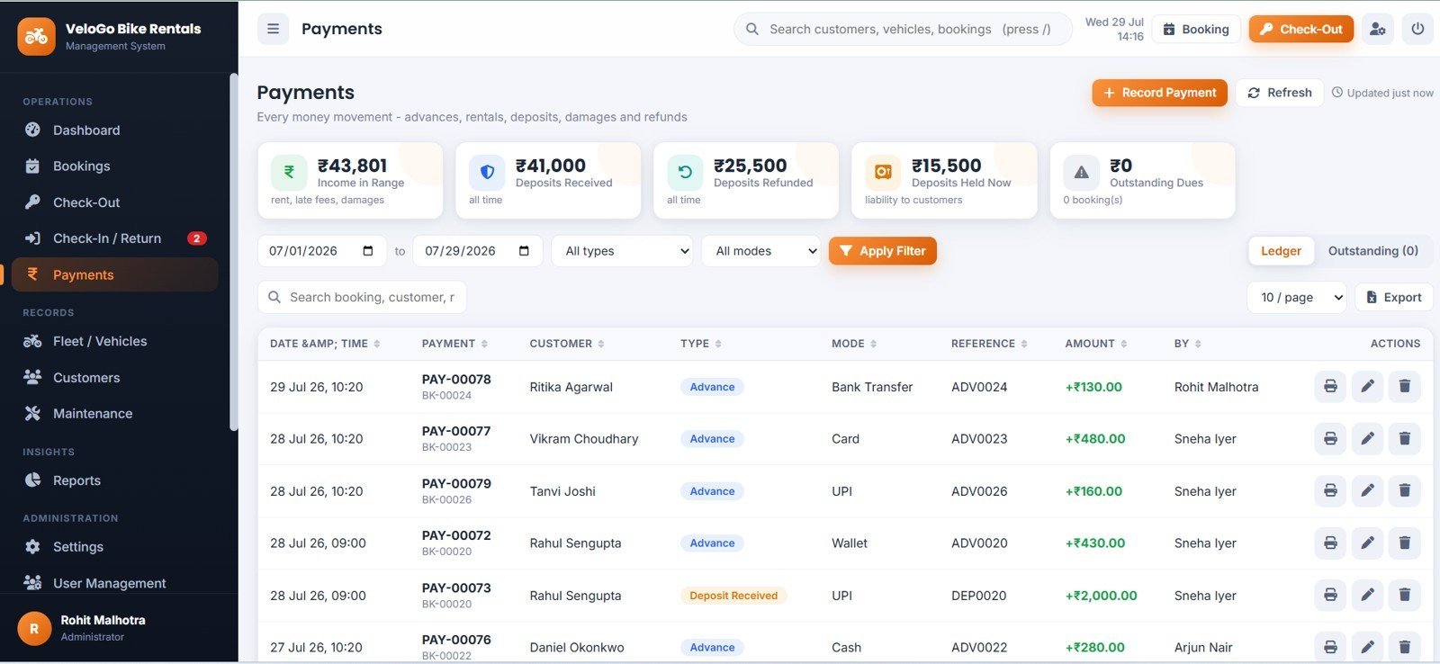 Bike and Two-Wheeler Rental Management System Web App - Payments