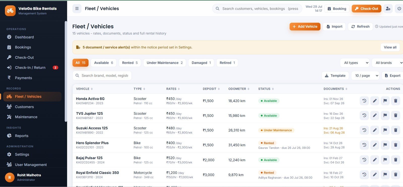 Bike and Two-Wheeler Rental Management System Web App - Fleet and Vehicles