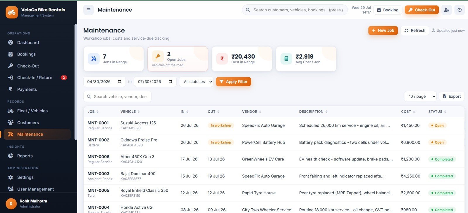 Bike and Two-Wheeler Rental Management System Web App - Maintenance