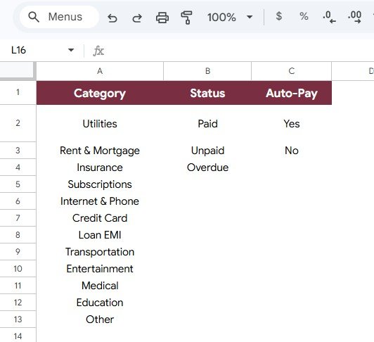 Dropdown List Sheet in Bill Payment Tracker in Google Sheets