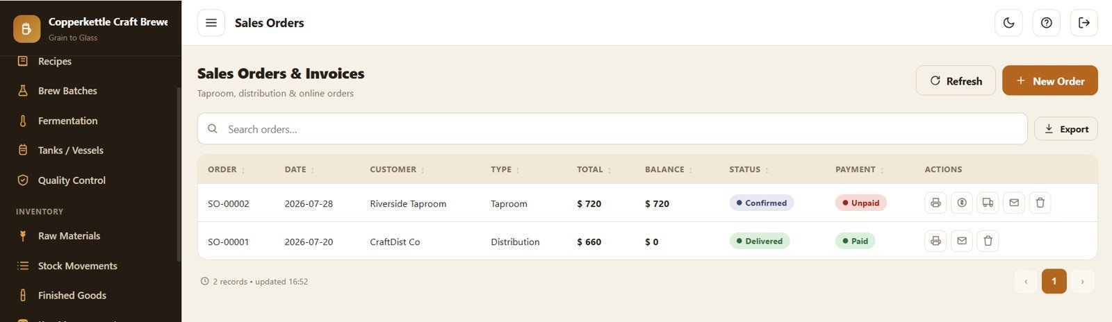 Brewery Management System Web App - Sales Orders and Invoices