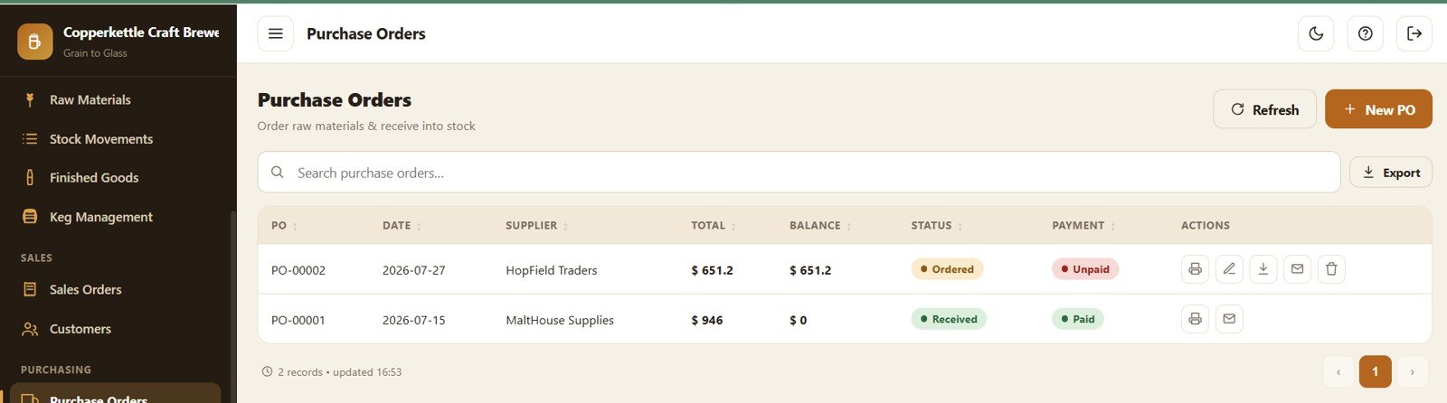 Brewery Management System Web App - Purchase Orders