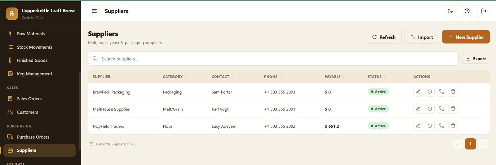 Brewery Management System Web App - Suppliers