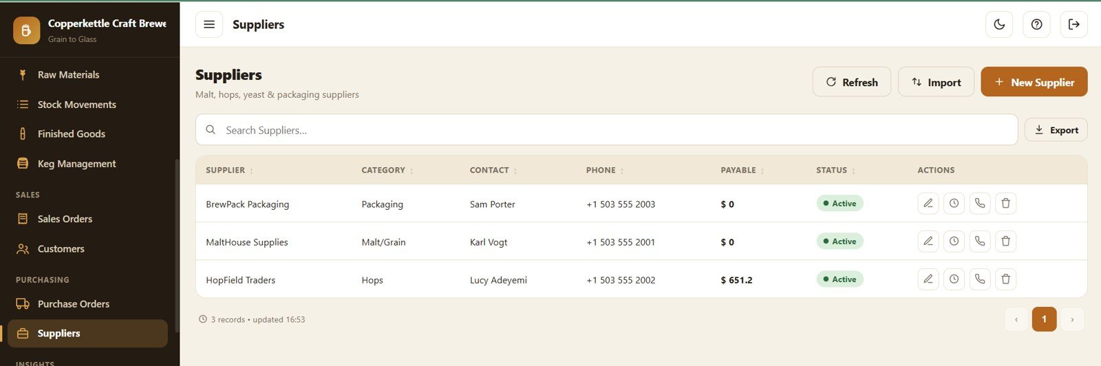 Brewery Management System Web App - Suppliers