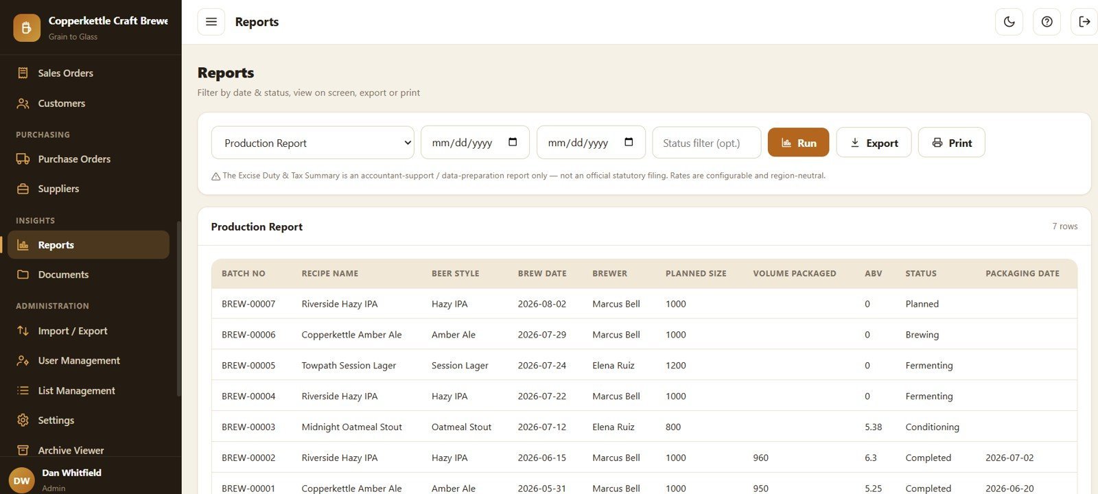 Brewery Management System Web App - Reports