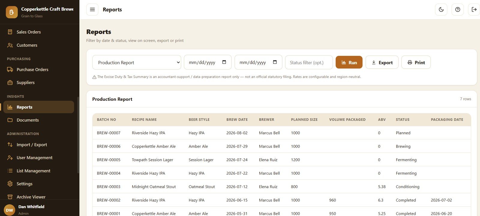 Brewery Management System Web App - Reports