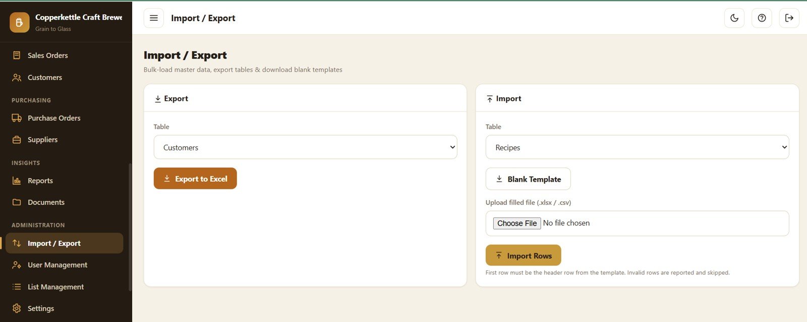 Brewery Management System Web App - Import and Export
