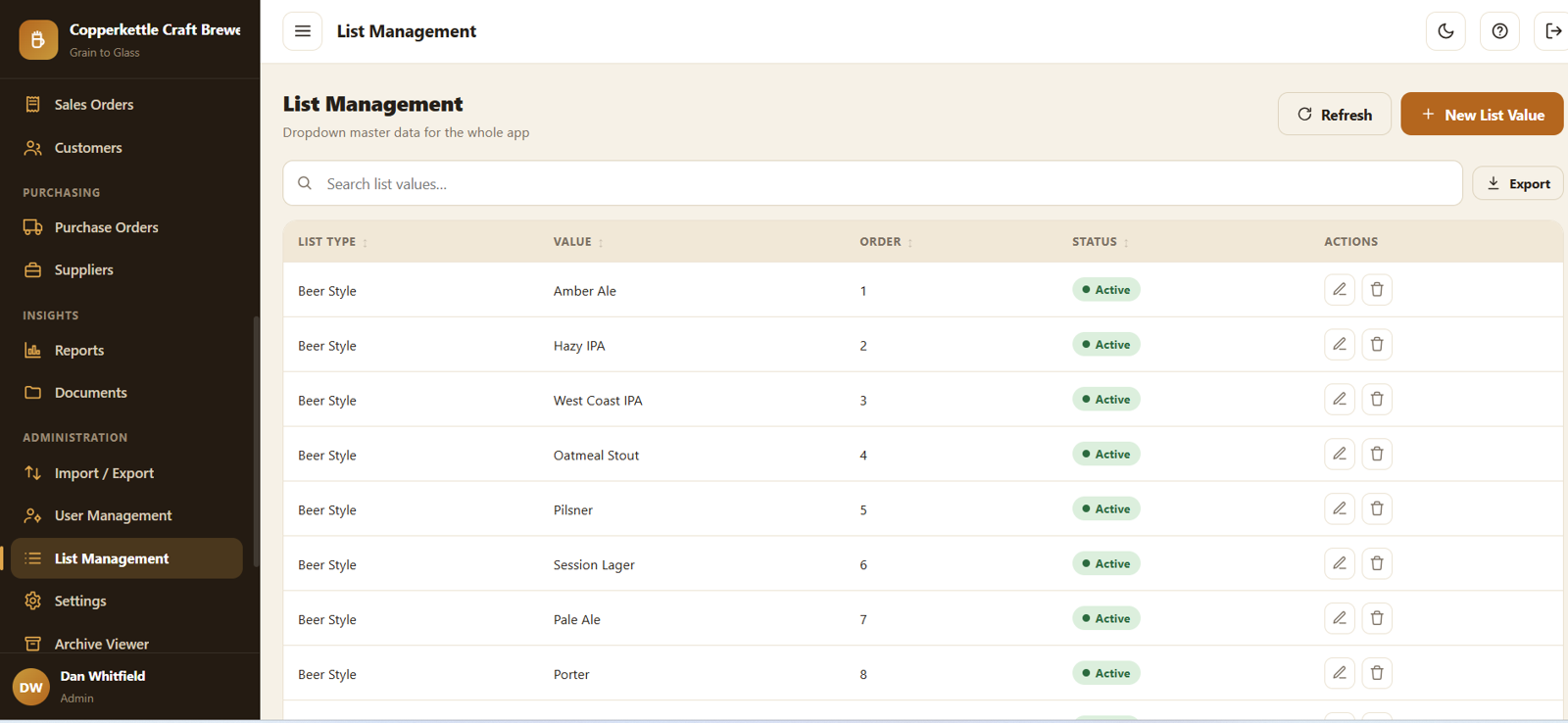 Brewery Management System Web App - List Management