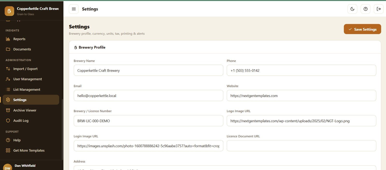 Brewery Management System Web App - Settings