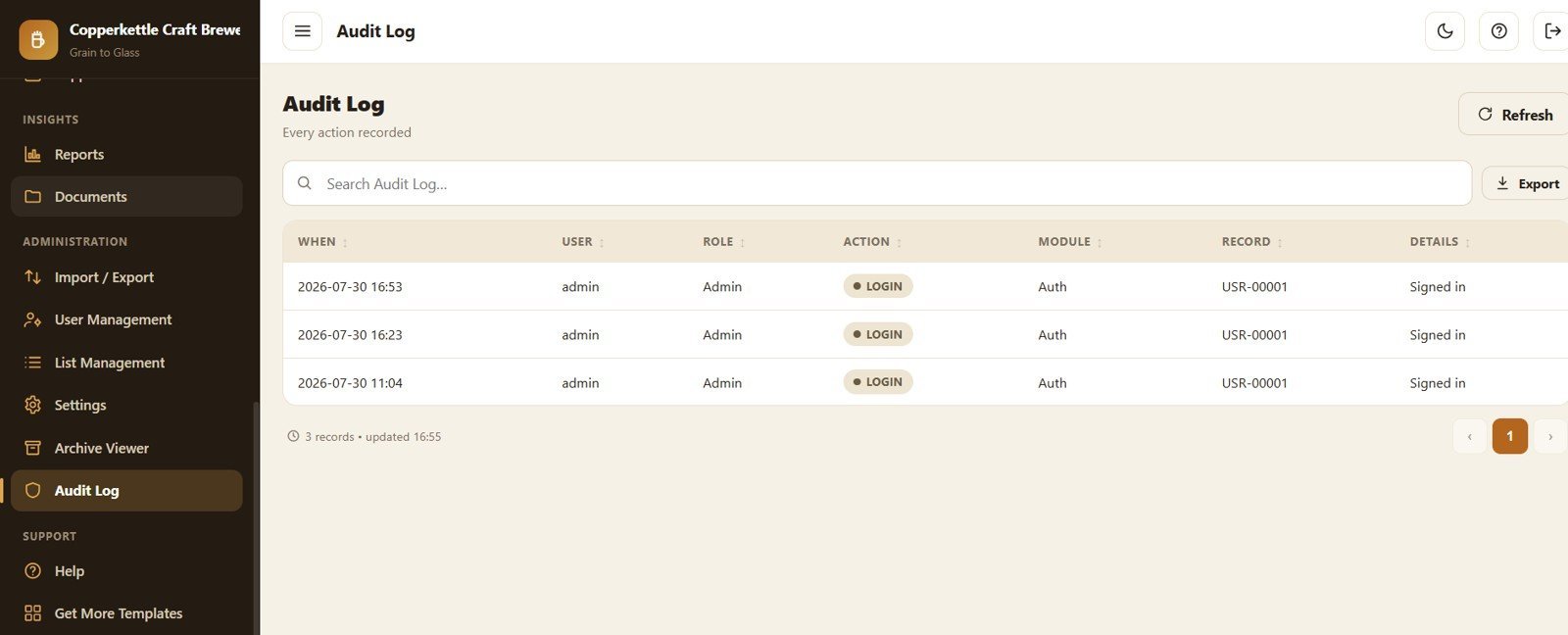 Brewery Management System Web App - Audit Log