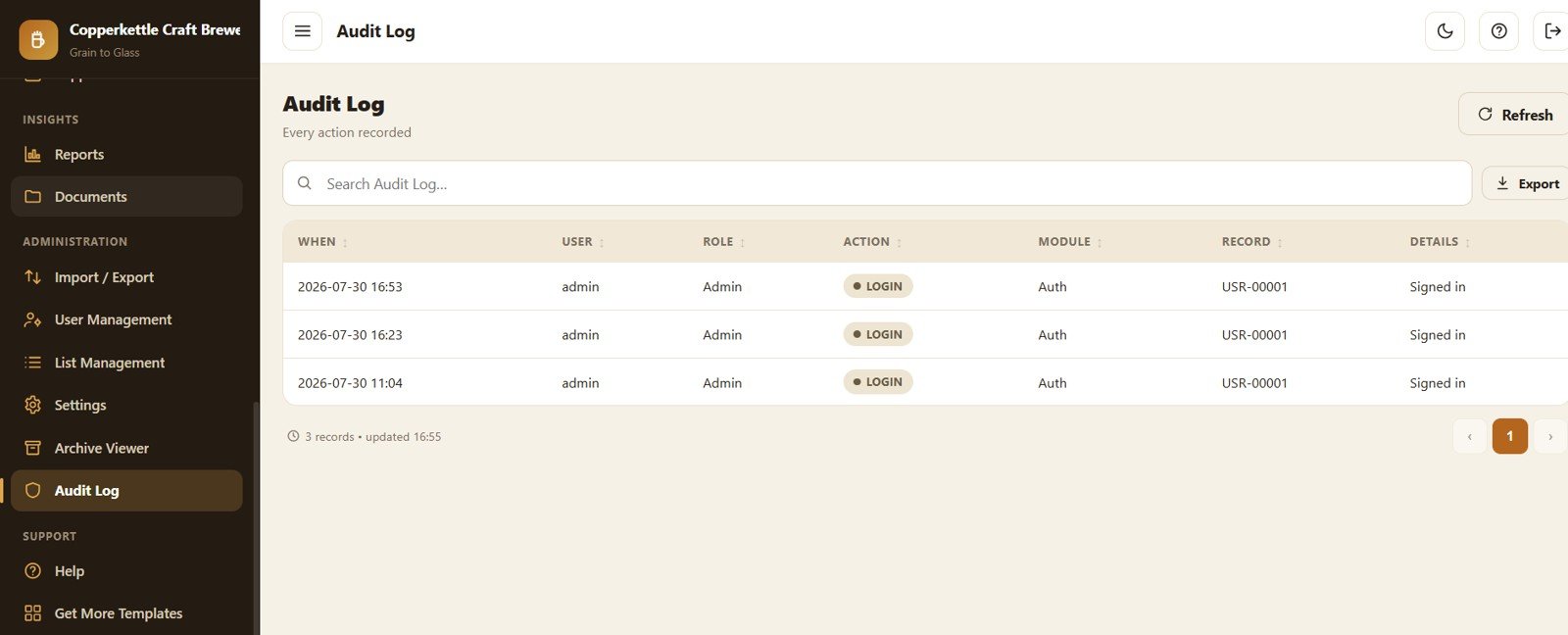 Brewery Management System Web App - Audit Log