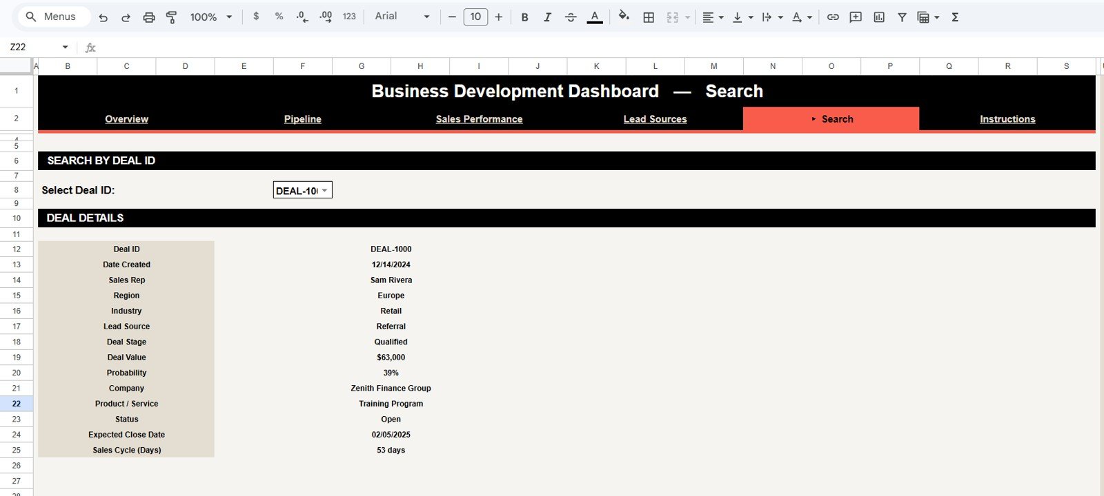 Search Sheet tab in Business Development Performance Dashboard