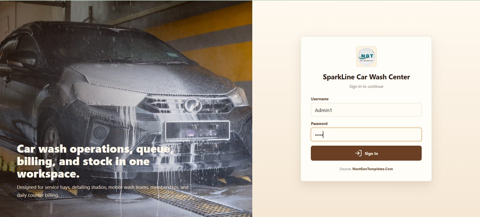Car Wash Management System Web App login screen