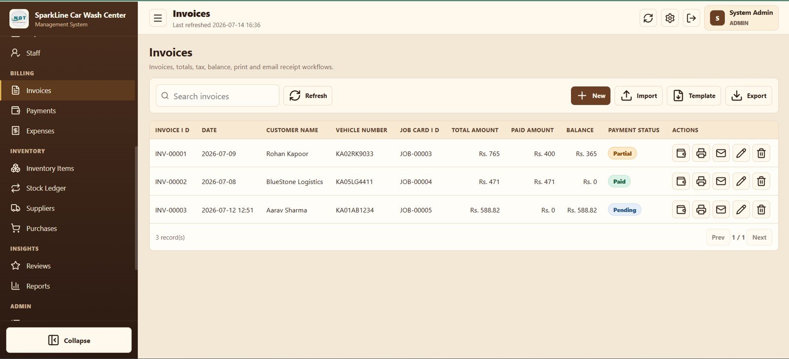 Car wash invoice management with payment balances