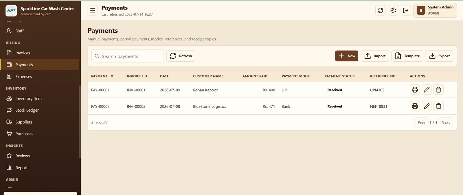 Car wash payment records with mode and reference