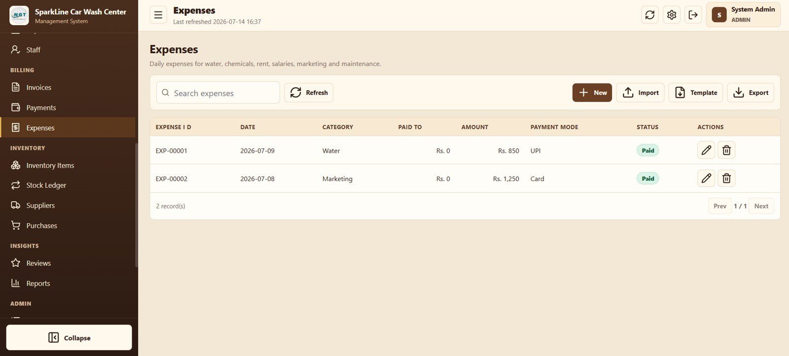 Car wash daily expense tracking
