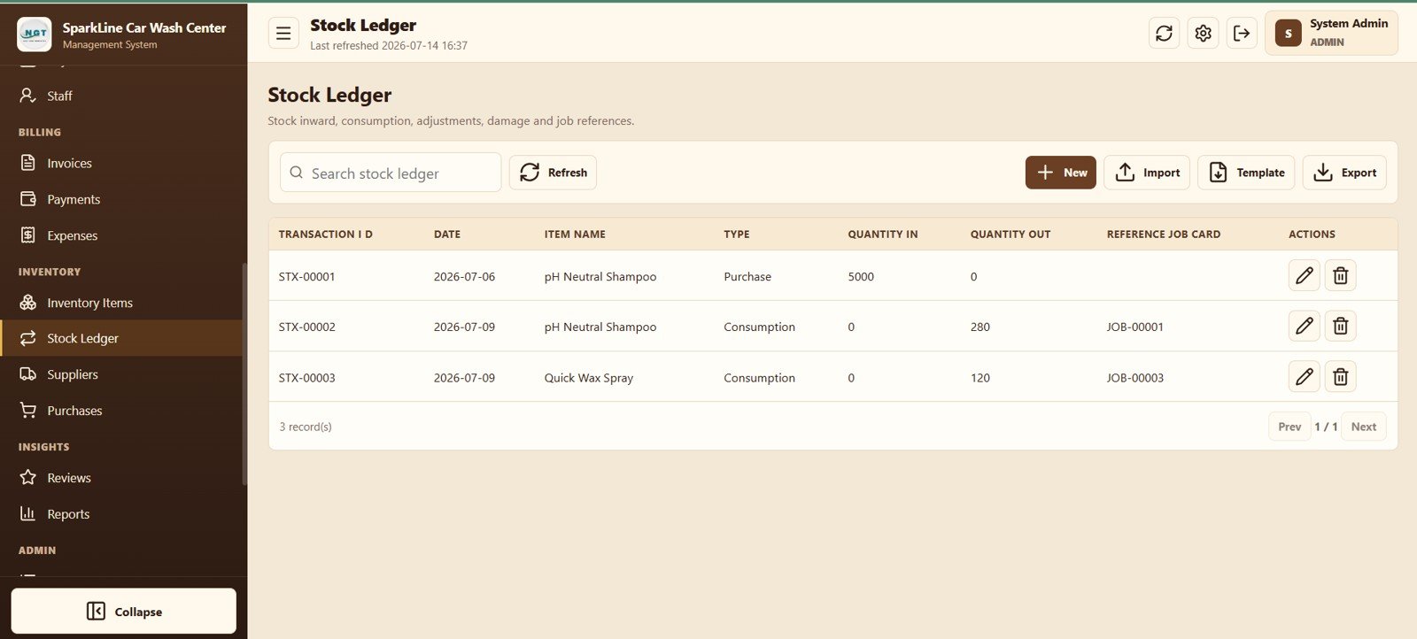 Car wash stock ledger with purchase and consumption entries