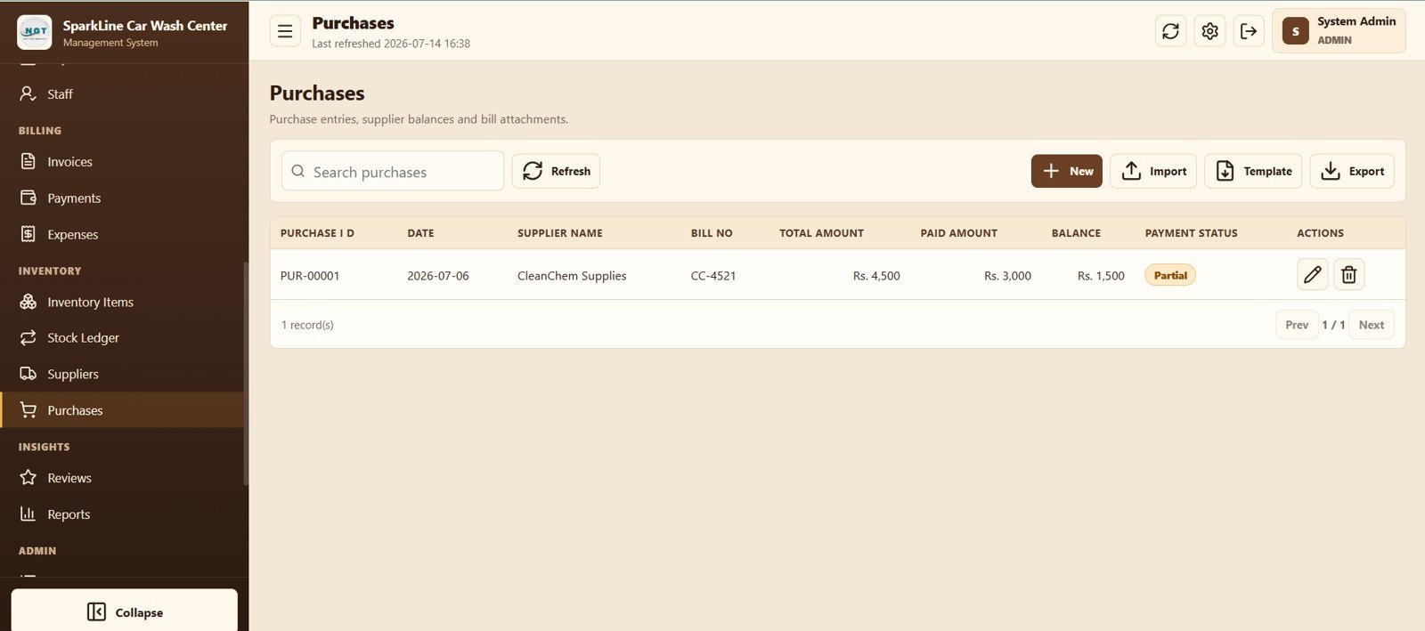 Car wash purchase register with supplier balances