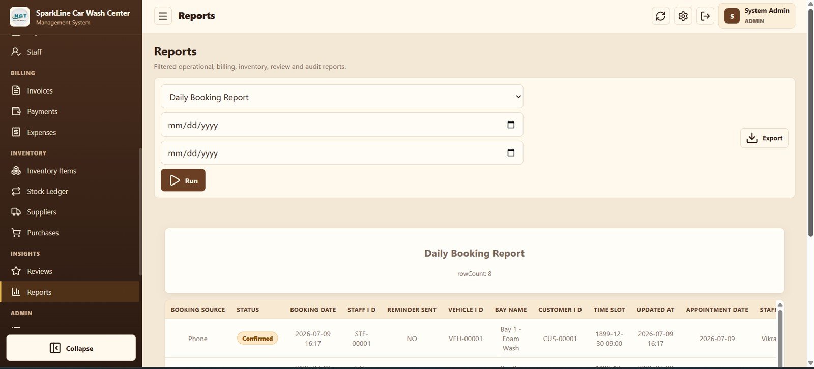 Car wash report generator and export screen