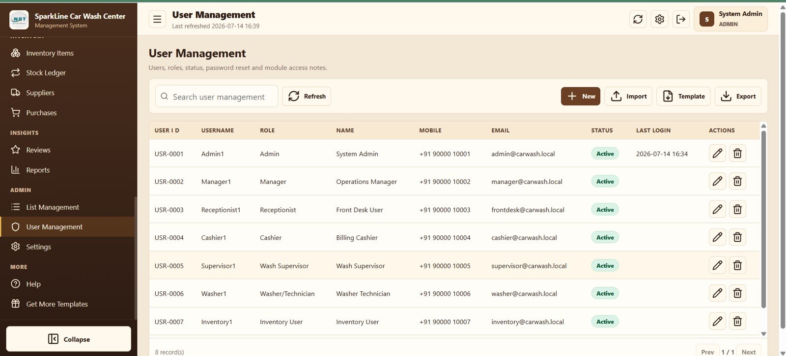 Car wash web app user and role management