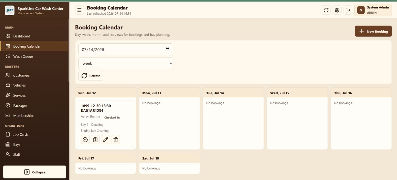 Car wash booking calendar in week view
