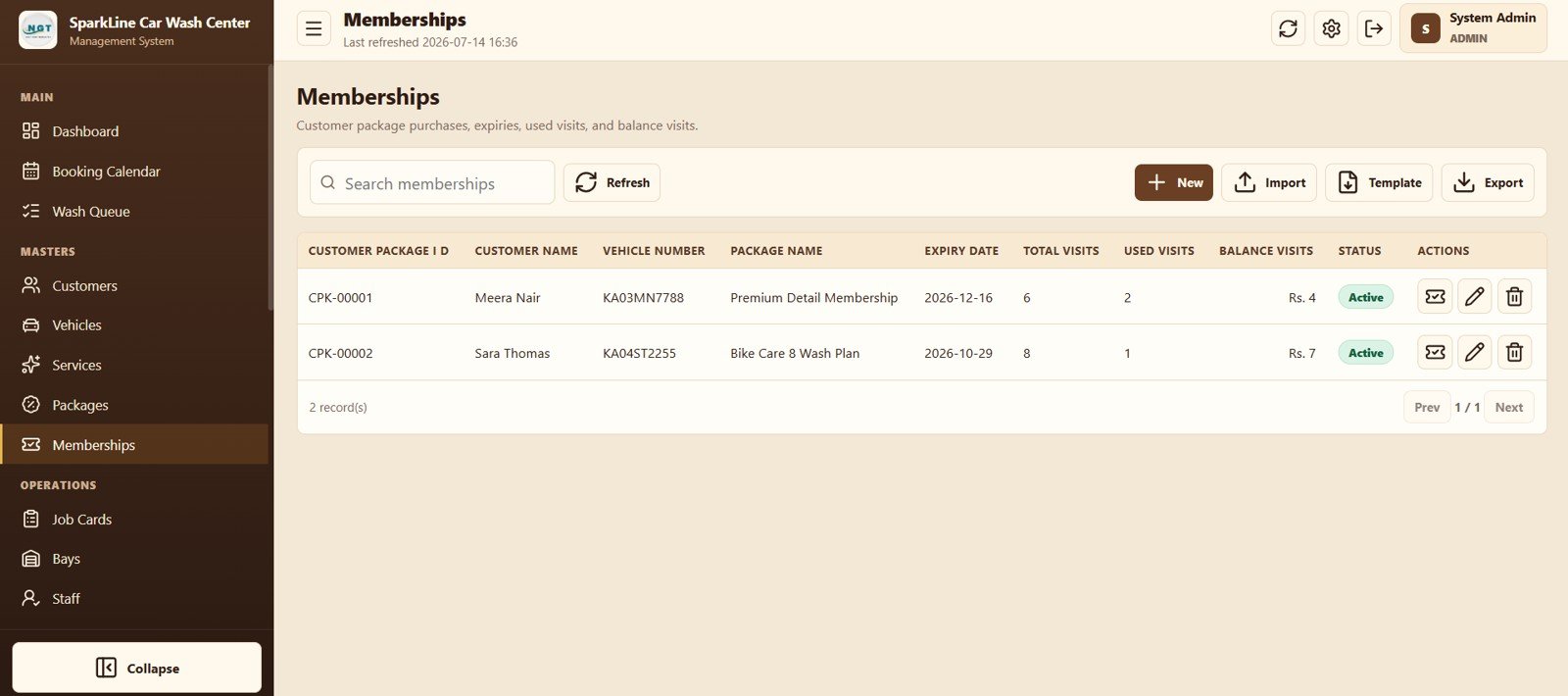 Customer memberships with expiry and visit balance