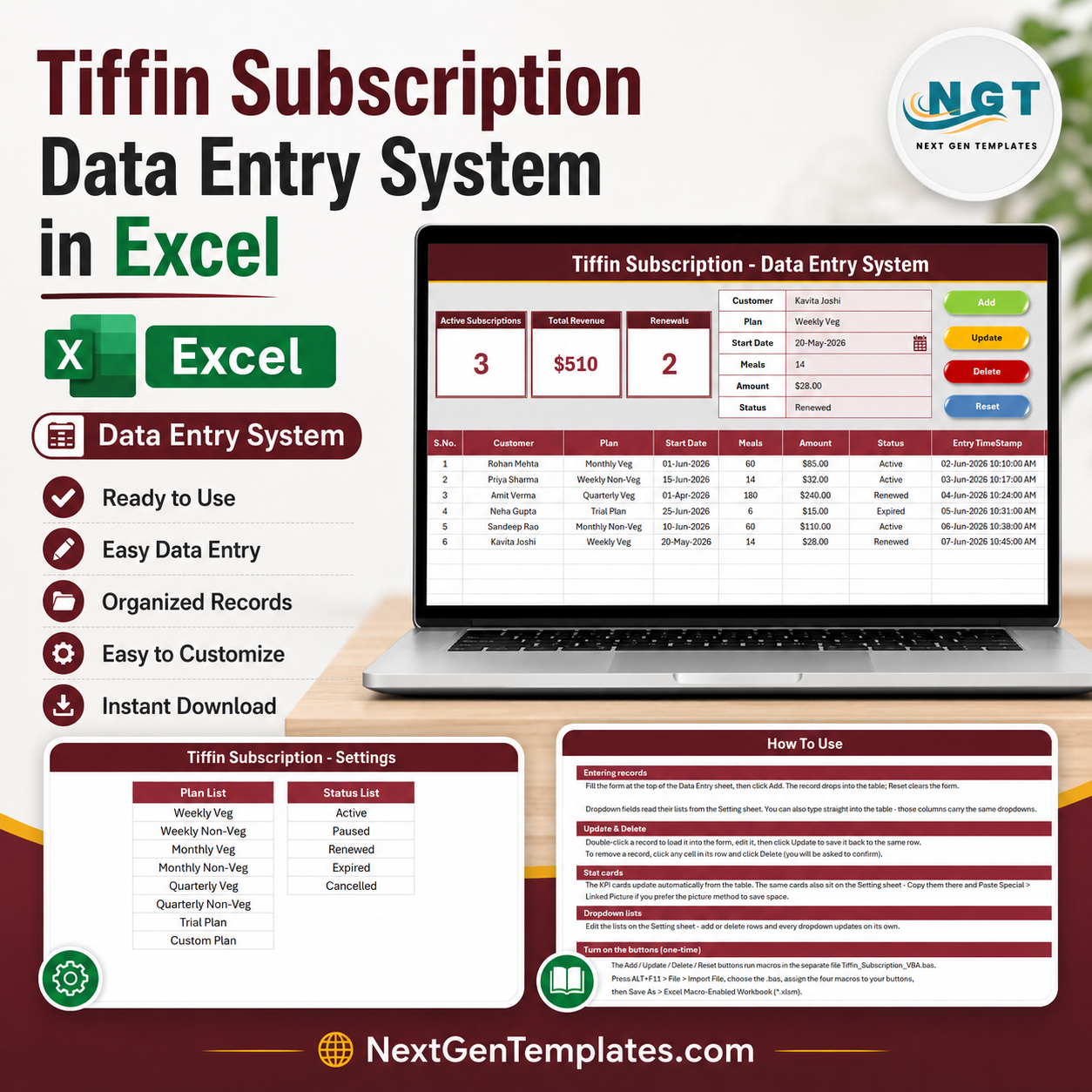 Tiffin Subscription Data Entry System in Excel