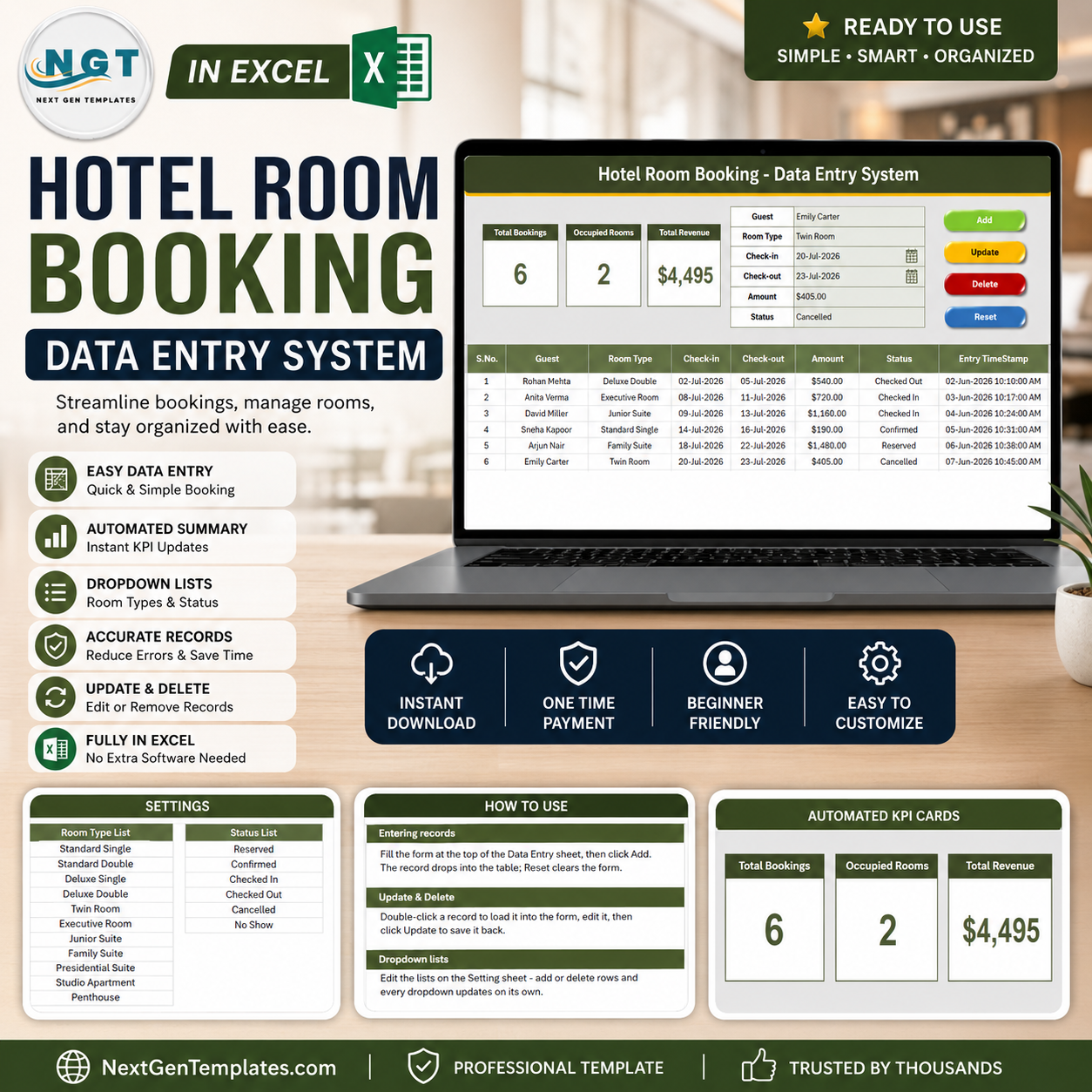 Hotel Room Booking Data Entry System in Excel