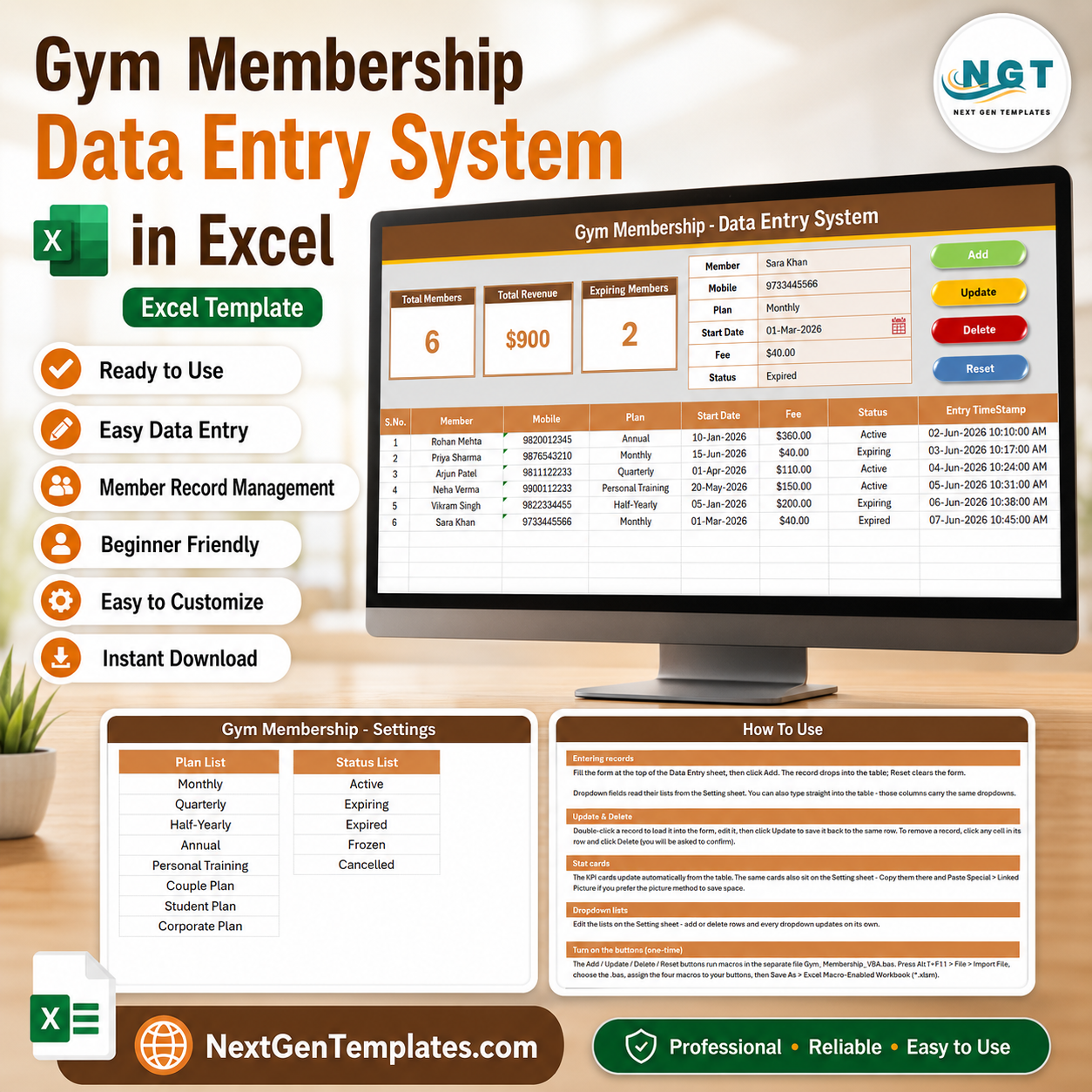 Gym Membership Data Entry System in Excel