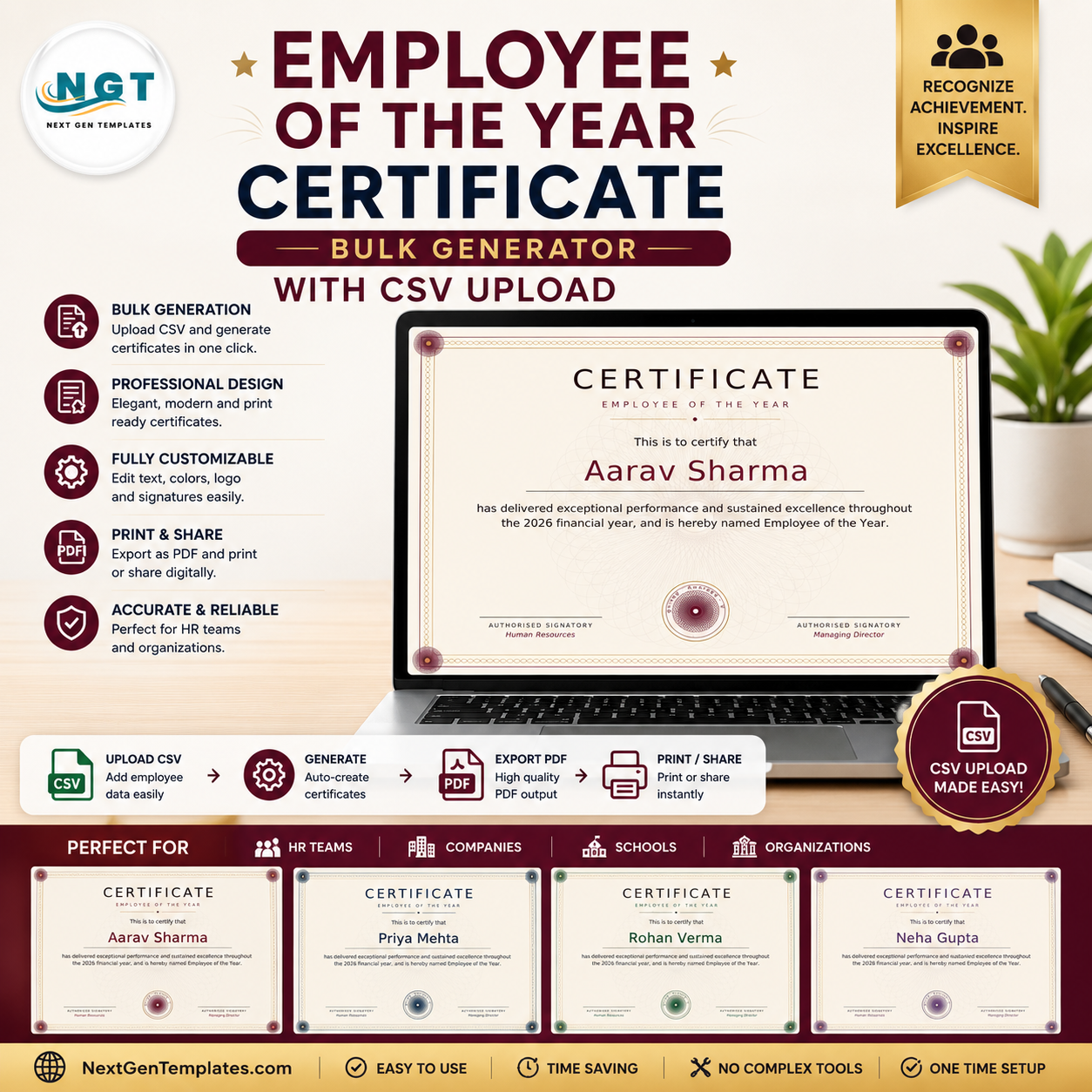 Employee of the Year Certificate — Bulk Generator with CSV Upload