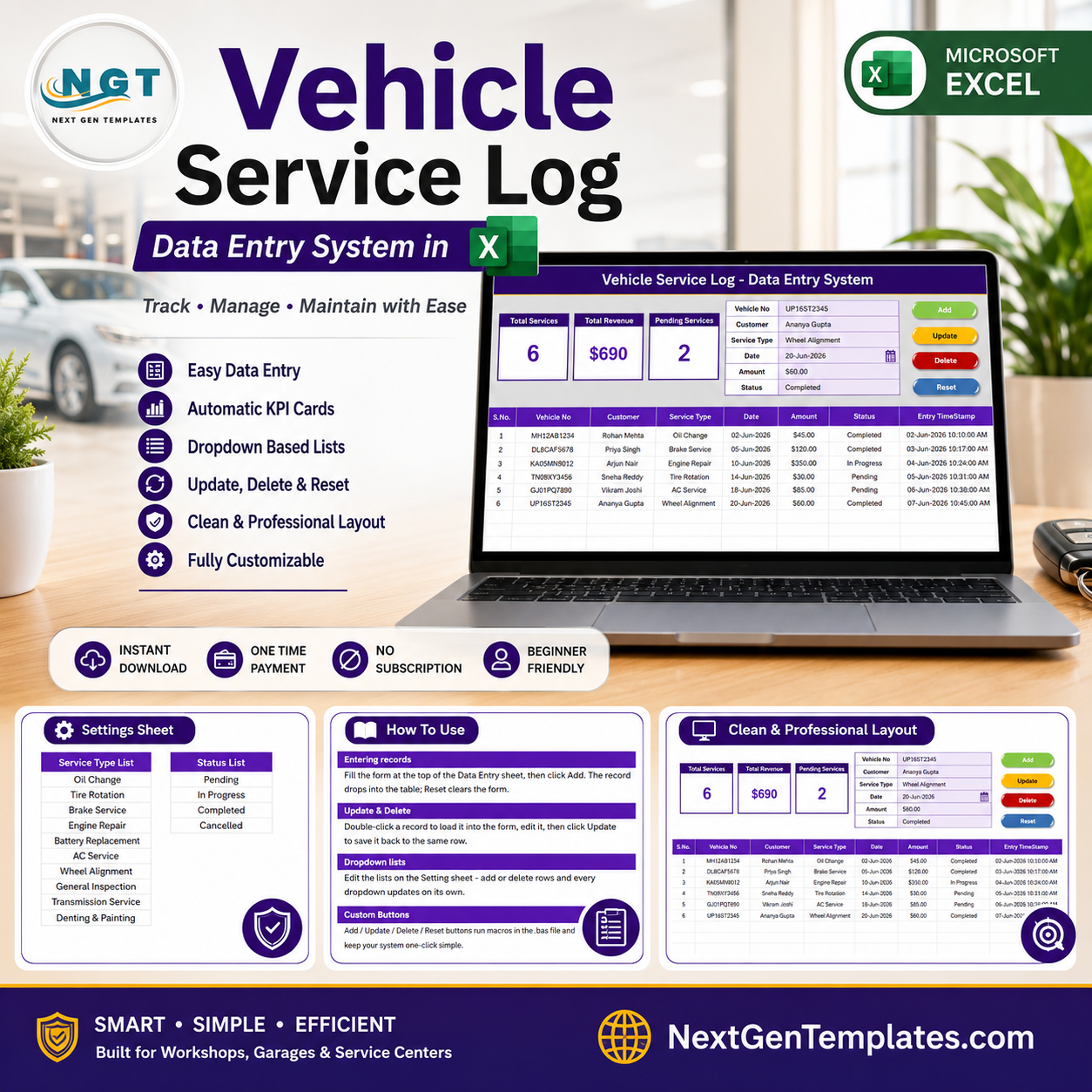 Vehicle Service Log Data Entry System in Excel