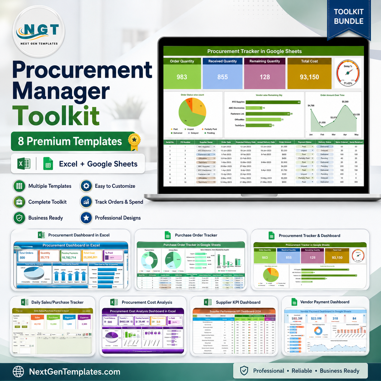 Procurement Manager Toolkit – 8 Premium Templates (Excel + Google Sheets)