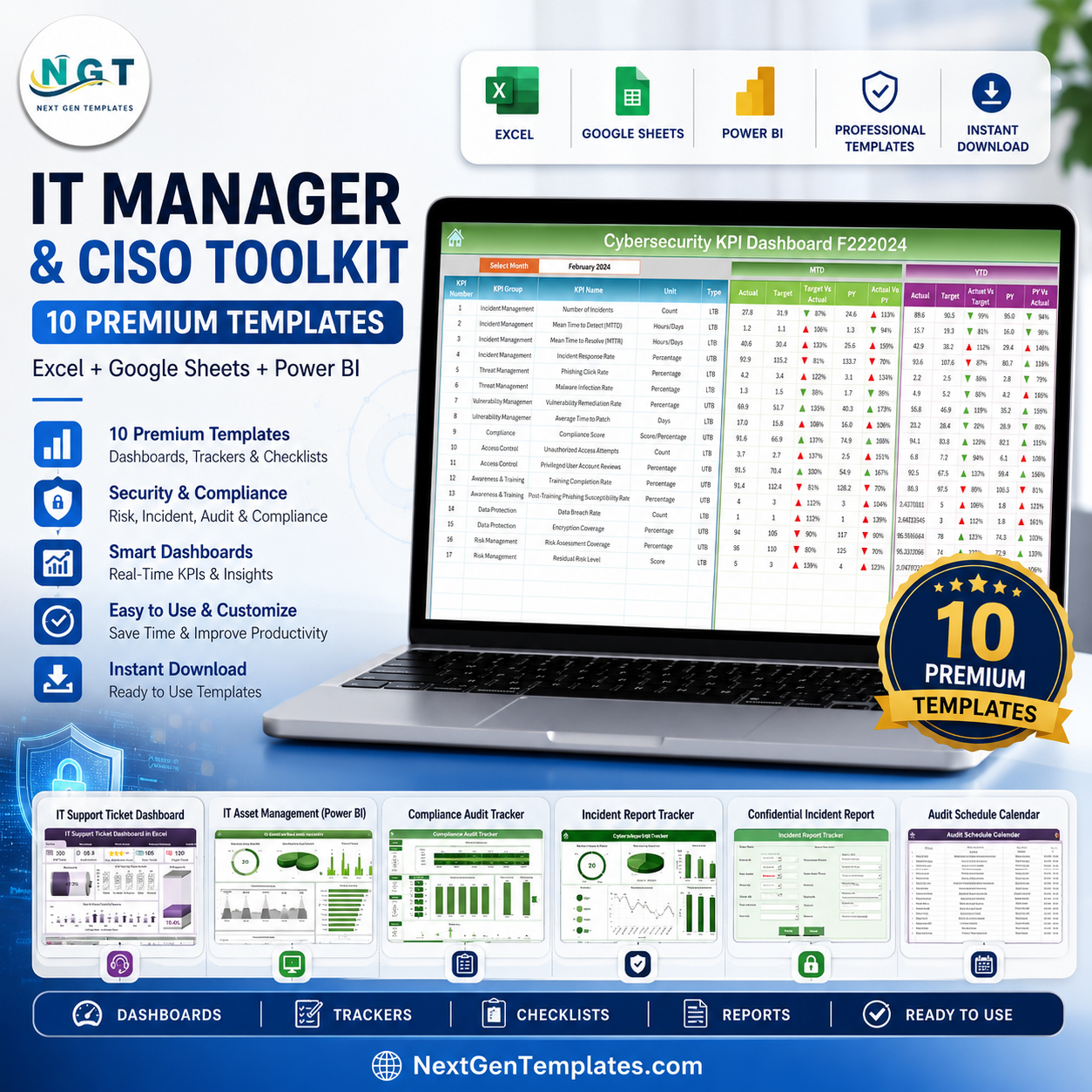 IT Manager & CISO Toolkit – 10 Premium Excel, Google Sheets & Power BI Templates (Save 30%)