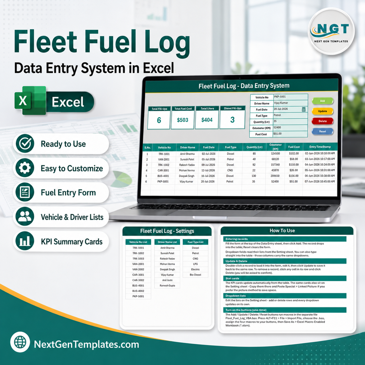 Fleet Fuel Log Data Entry System in Excel