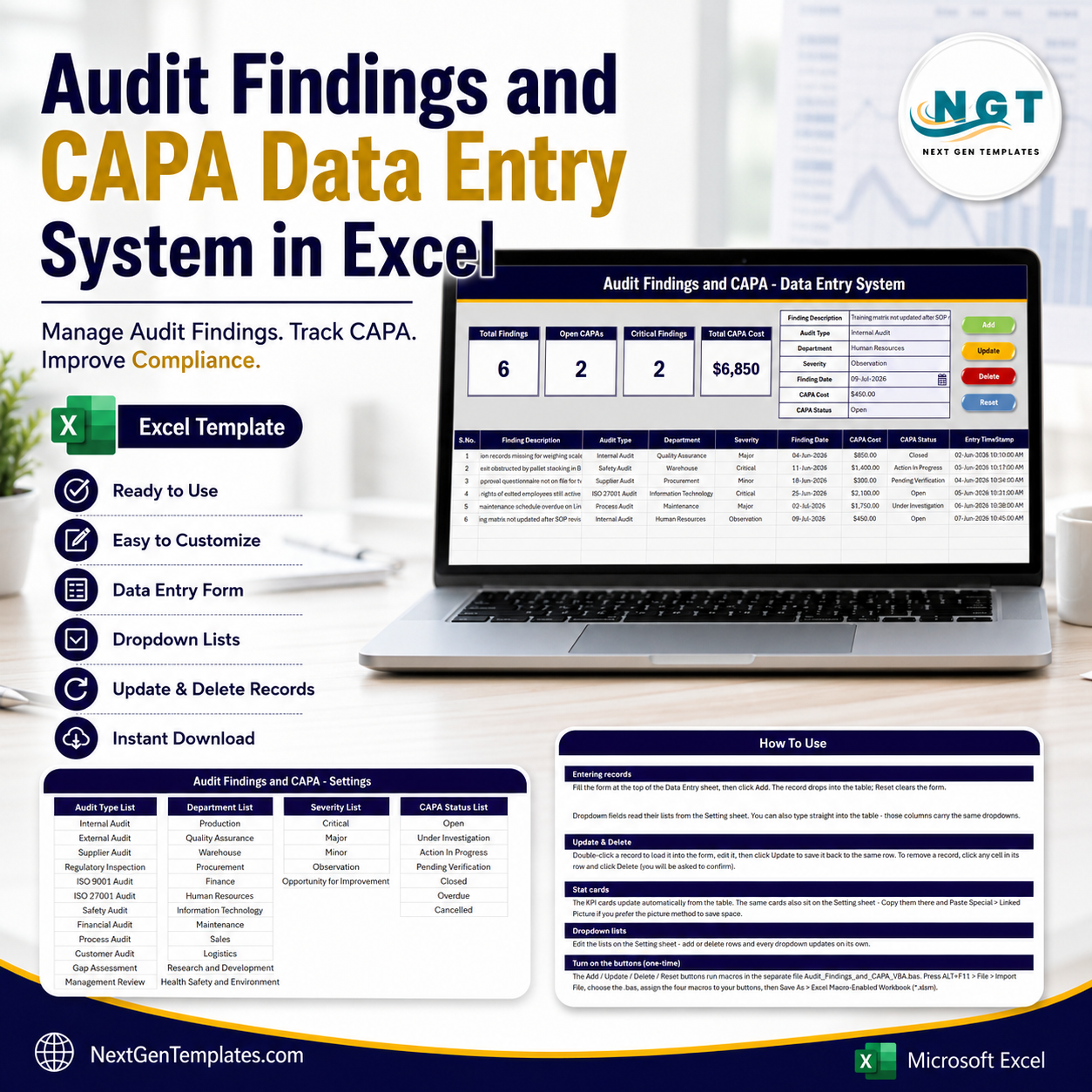 Audit Findings and CAPA Data Entry System in Excel