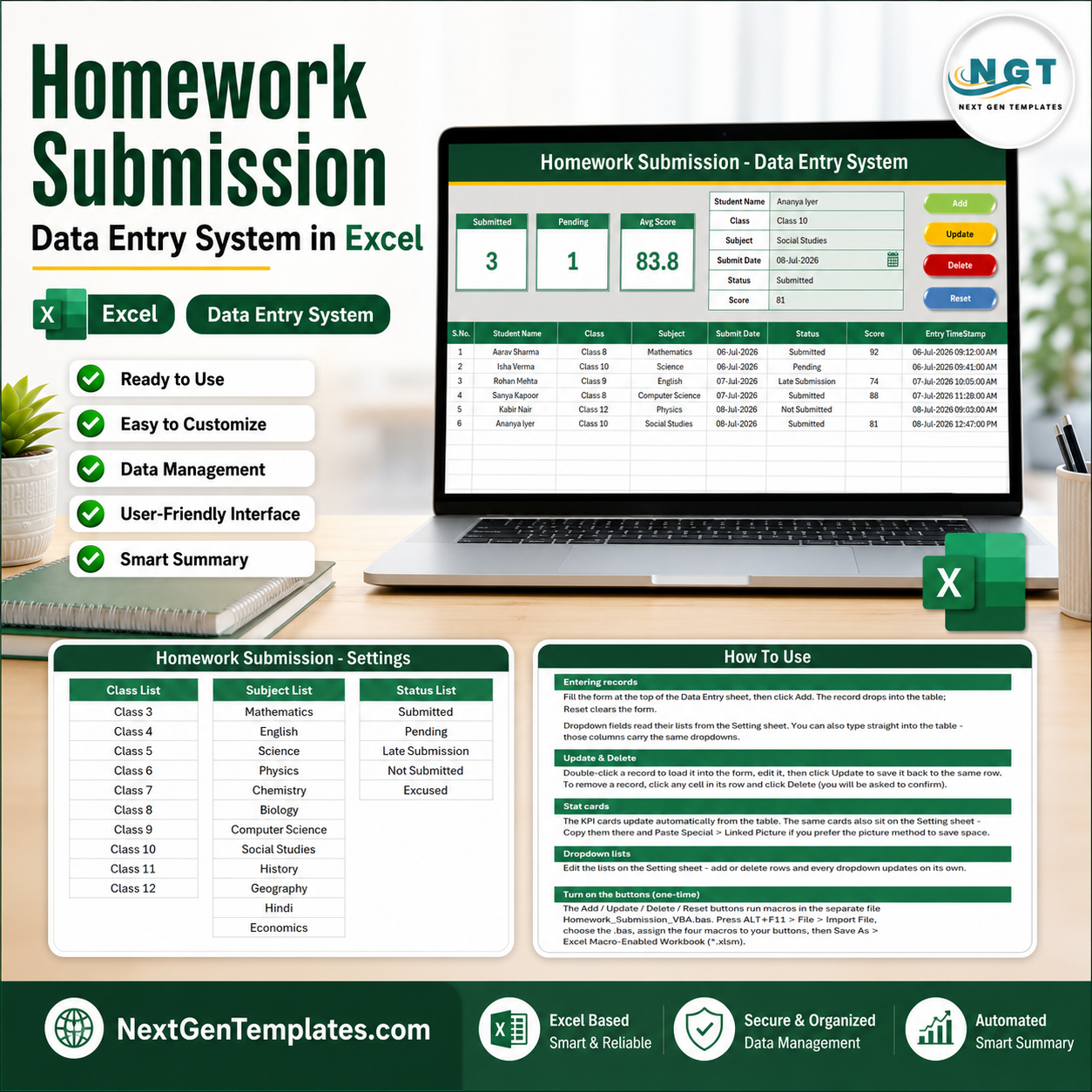 Homework Submission Data Entry System in Excel