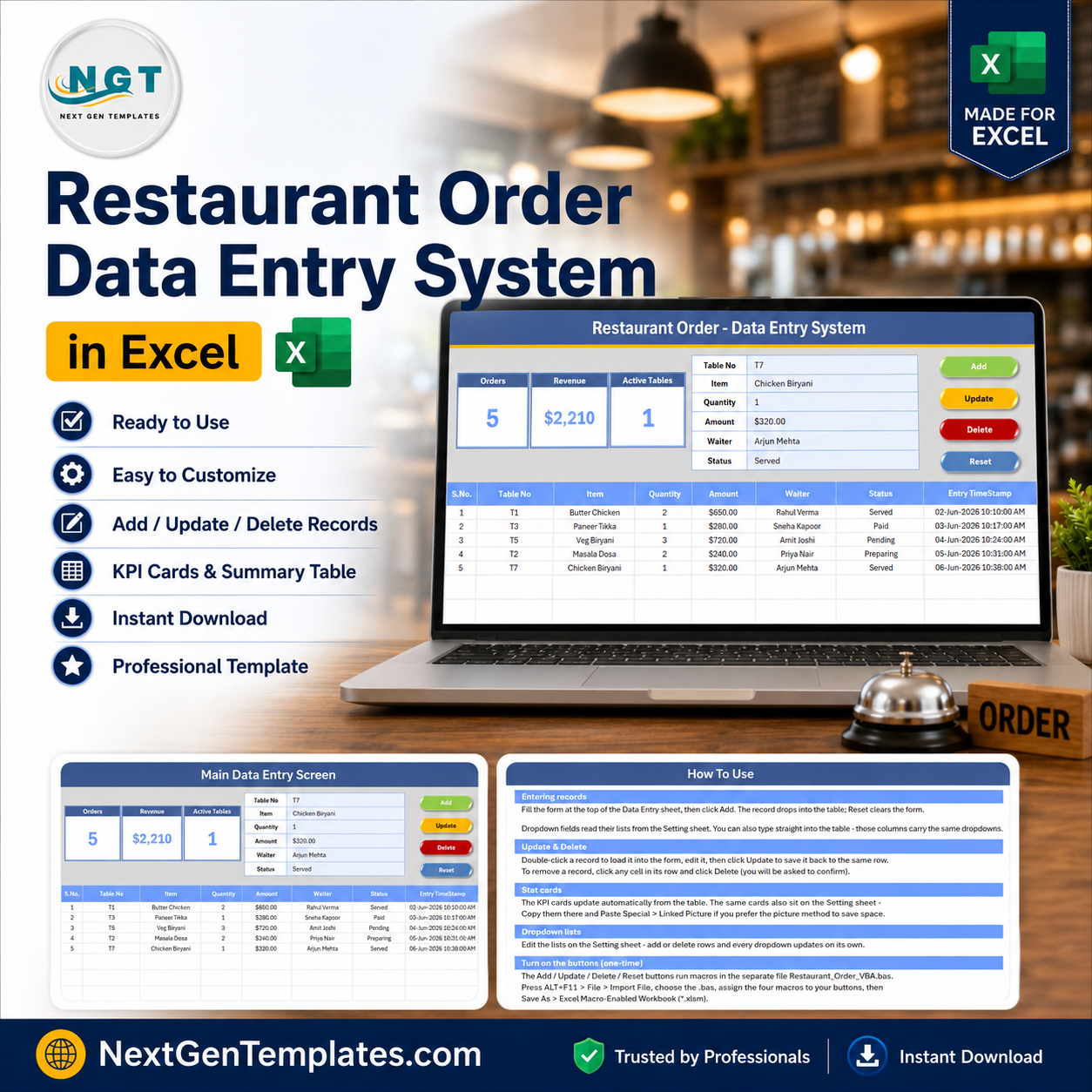 Restaurant Order Data Entry System in Excel