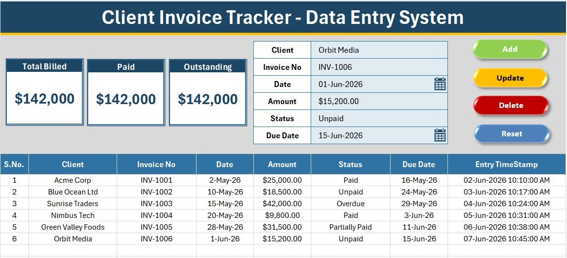 Client Invoice Tracker Data Entry System in Excel
