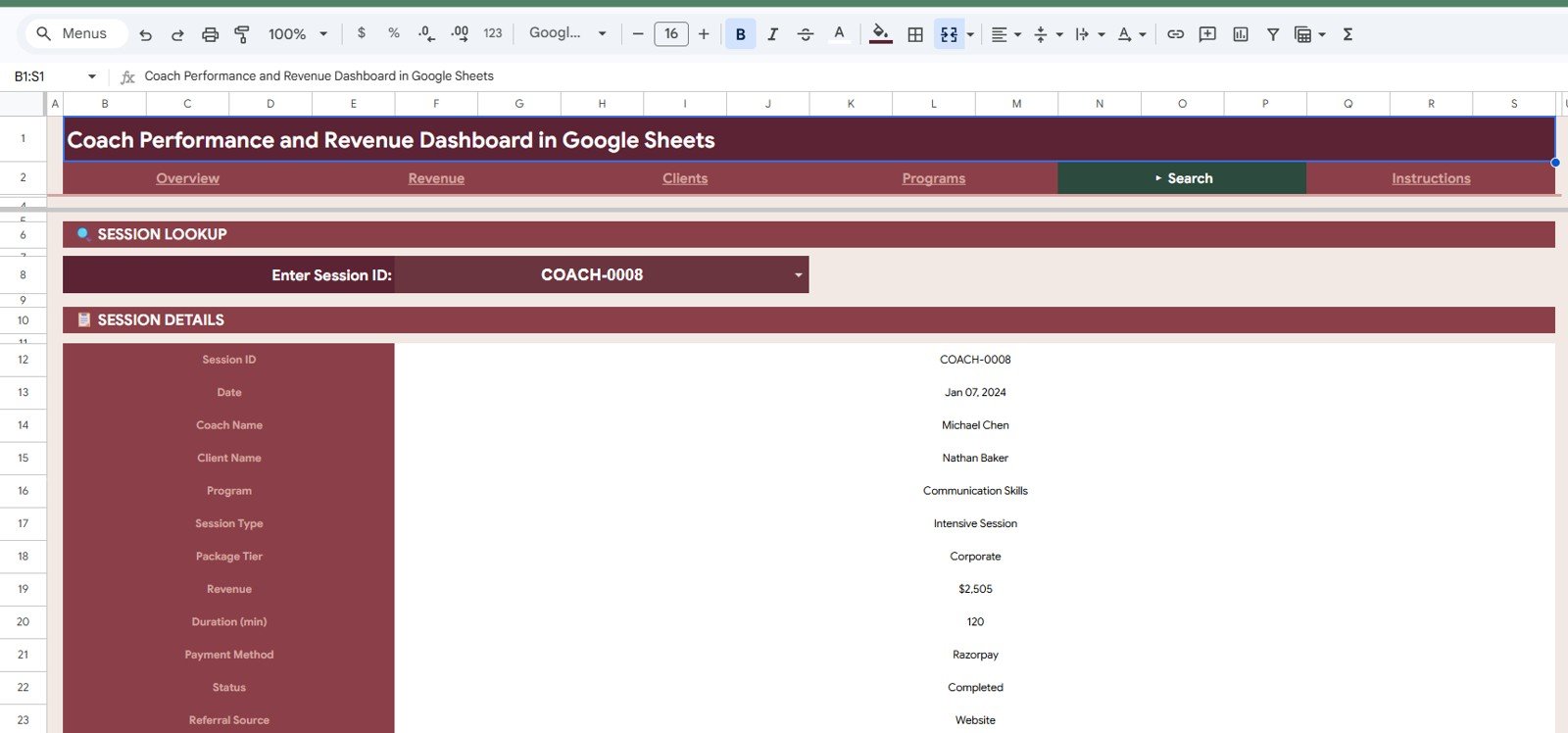 Coach Performance and Revenue Dashboard in Google Sheets - Search Sheet tab