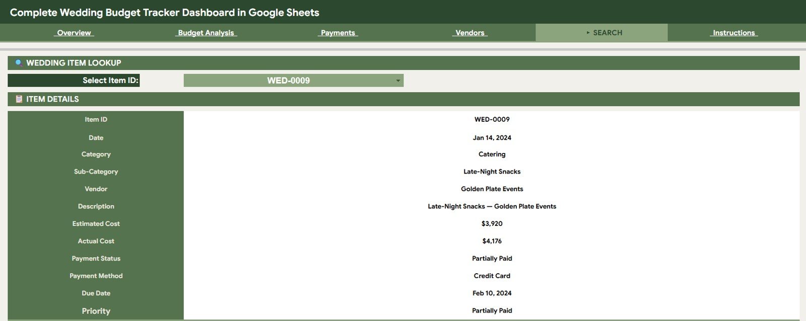 Search Sheet tab in Complete Wedding Budget Tracker Dashboard in Google Sheets