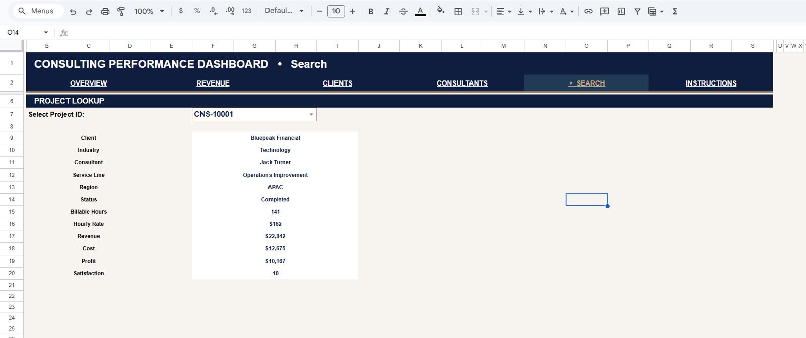 Search Sheet tab with Project ID lookup in Consulting Performance Dashboard in Google Sheets
