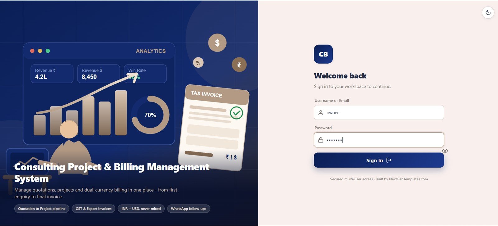 Secure Login screen in Consulting Project and Billing Management System Web App
