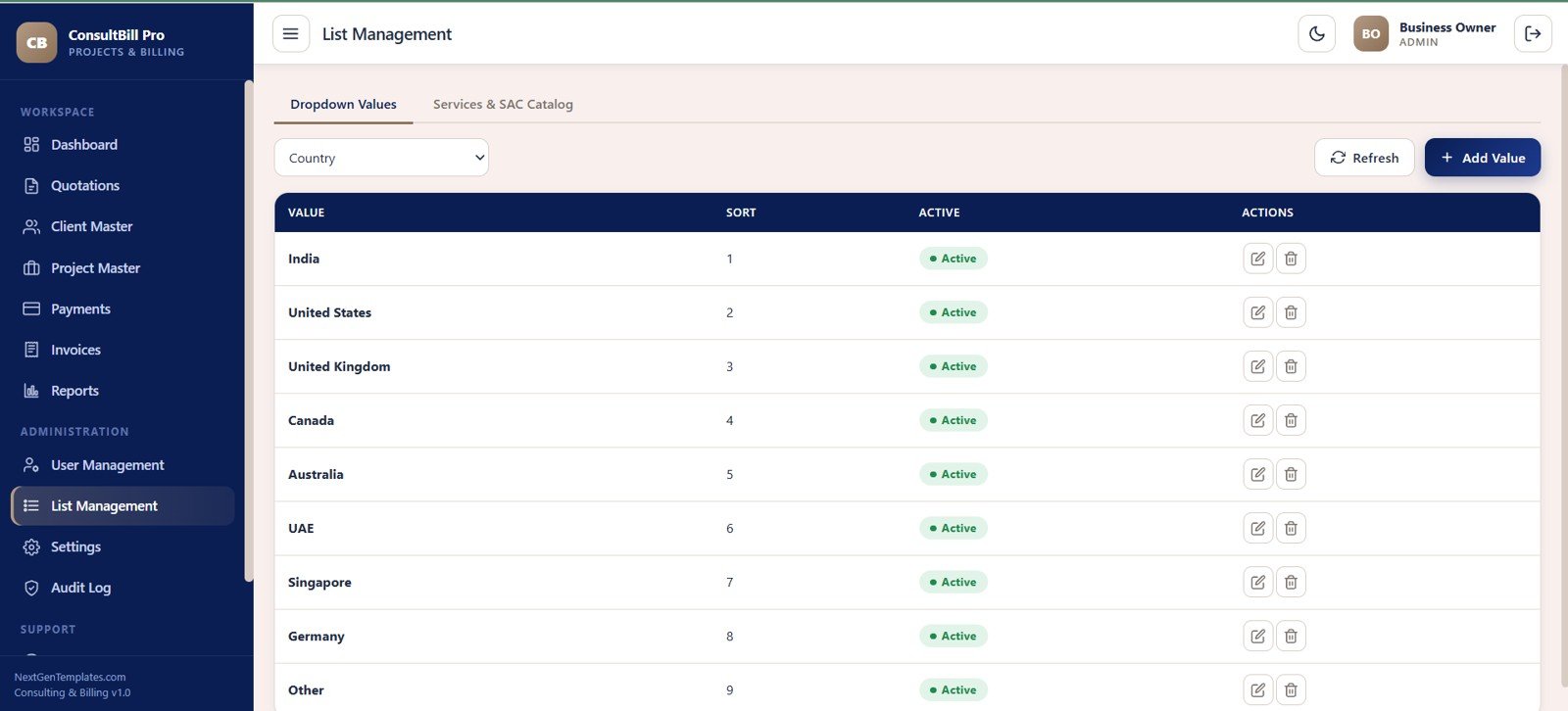 List Management screen in Consulting Project and Billing Management System Web App