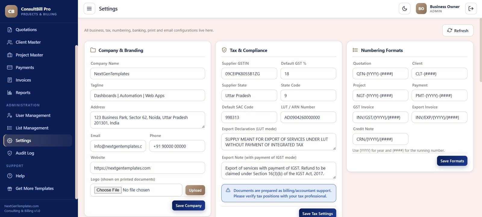 Settings screen in Consulting Project and Billing Management System Web App