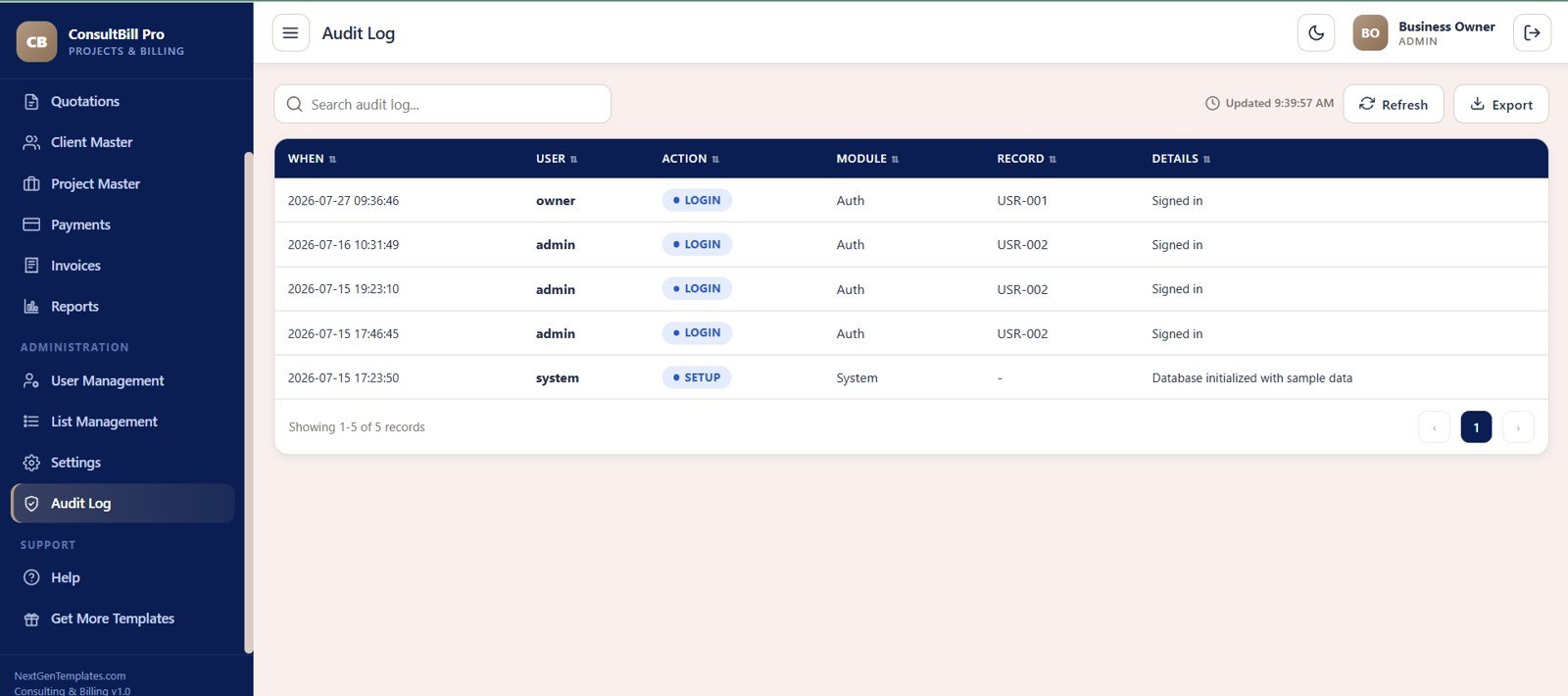 Audit Log screen in Consulting Project and Billing Management System Web App