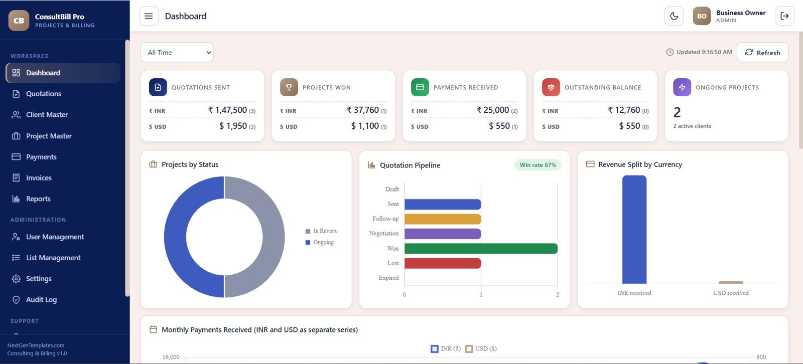Dashboard screen in Consulting Project and Billing Management System Web App